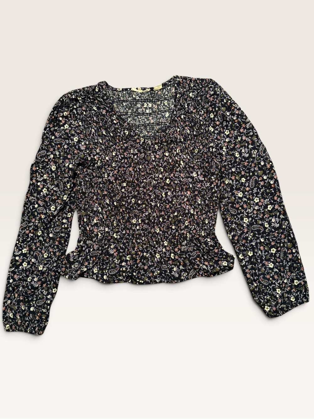 Levi’s Floral Paisley Navy Smocked Peplum Blouse Puff Sleeve Top M